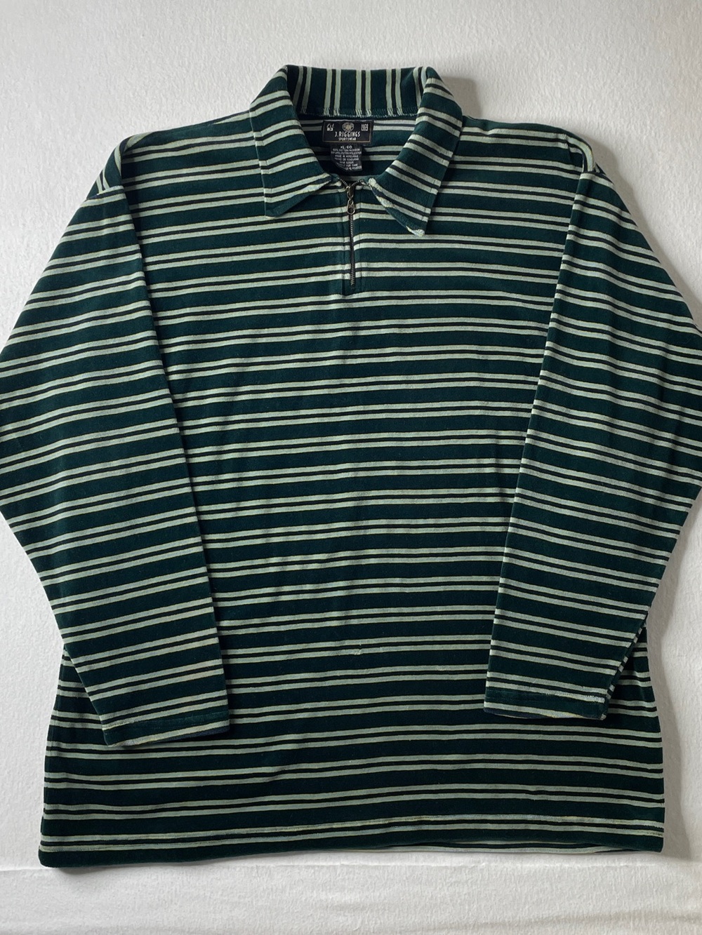 Vintage Quarter Zip Polo Mens XL Green Striped Long Sleeve Sportswear Skater 90s